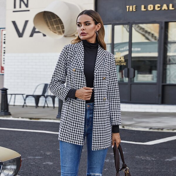 

Houndstooth Shawl Collar Double Button Coat, Black and white