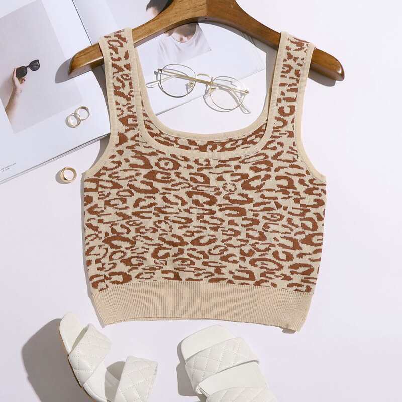 

Leopard Knit Crop Top, Apricot