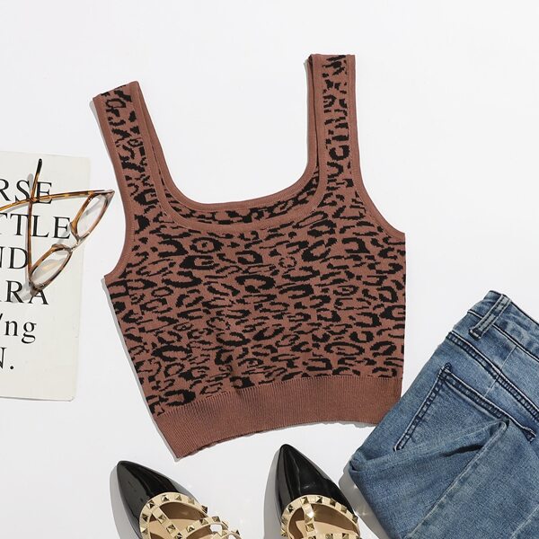 

Leopard Knit Crop Top, Redwood