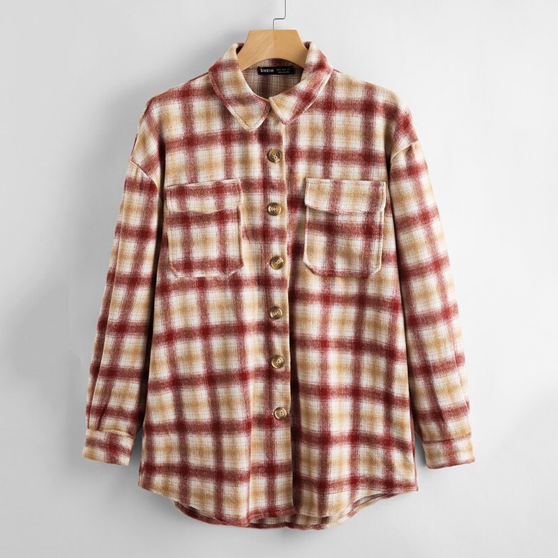 

Flap Pocket Button Front Plaid Overcoat, Multicolor