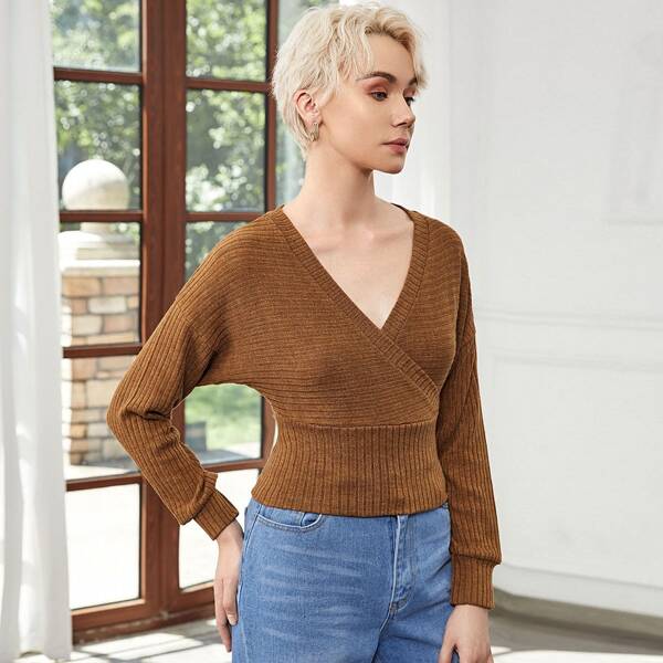 

Drop Shoulder Surplice Neck Sweater, Brown