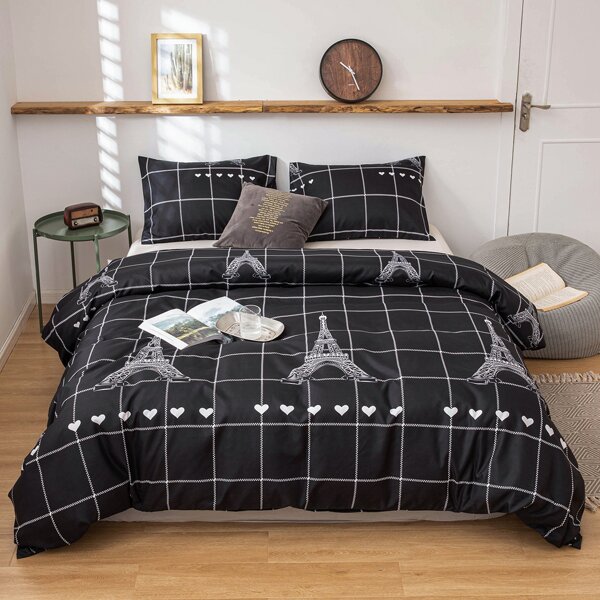 

Eiffel Tower Print Bedding Set Without Filler, Black