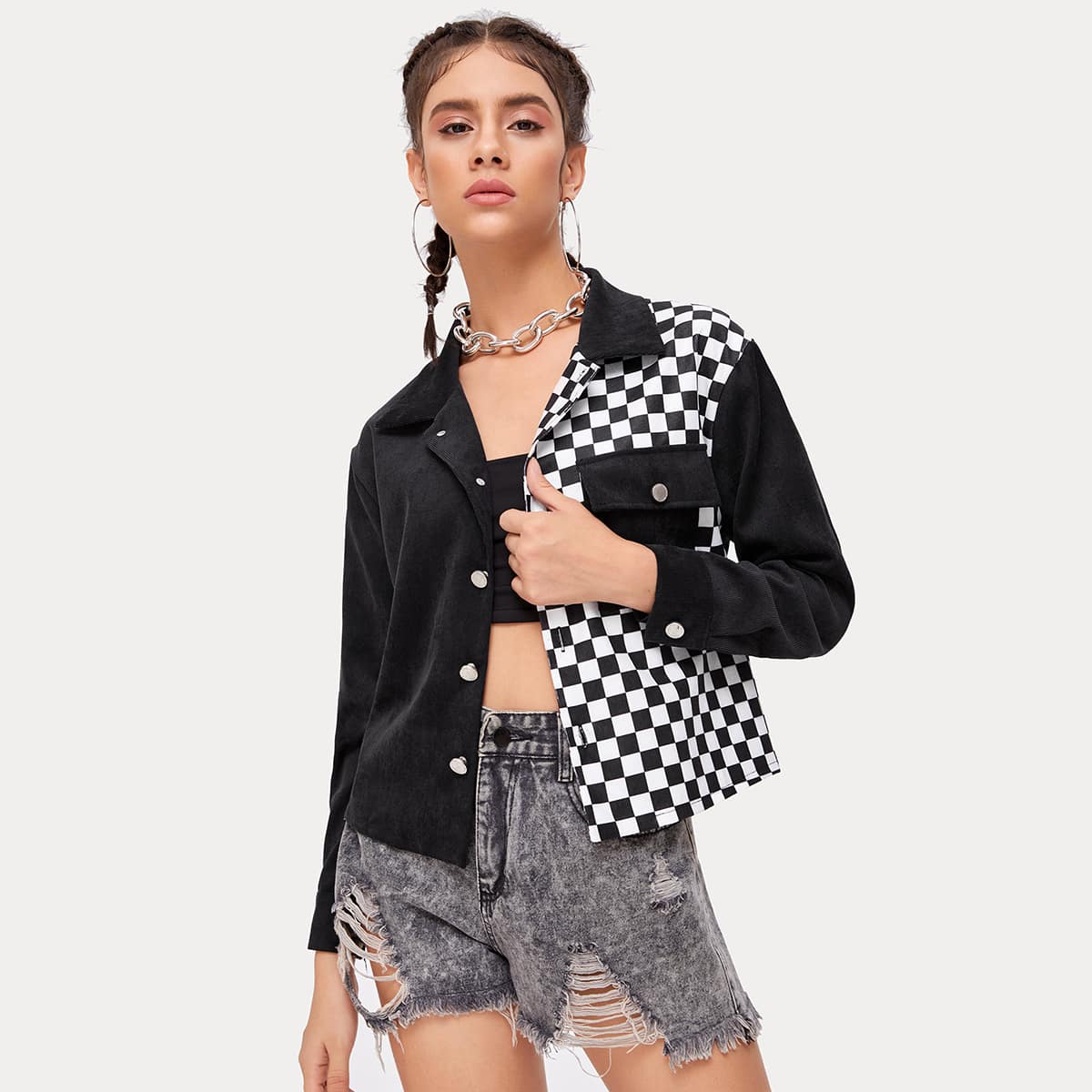 

Contrast Checkerboard Pocket Crop Jacket, Black and white
