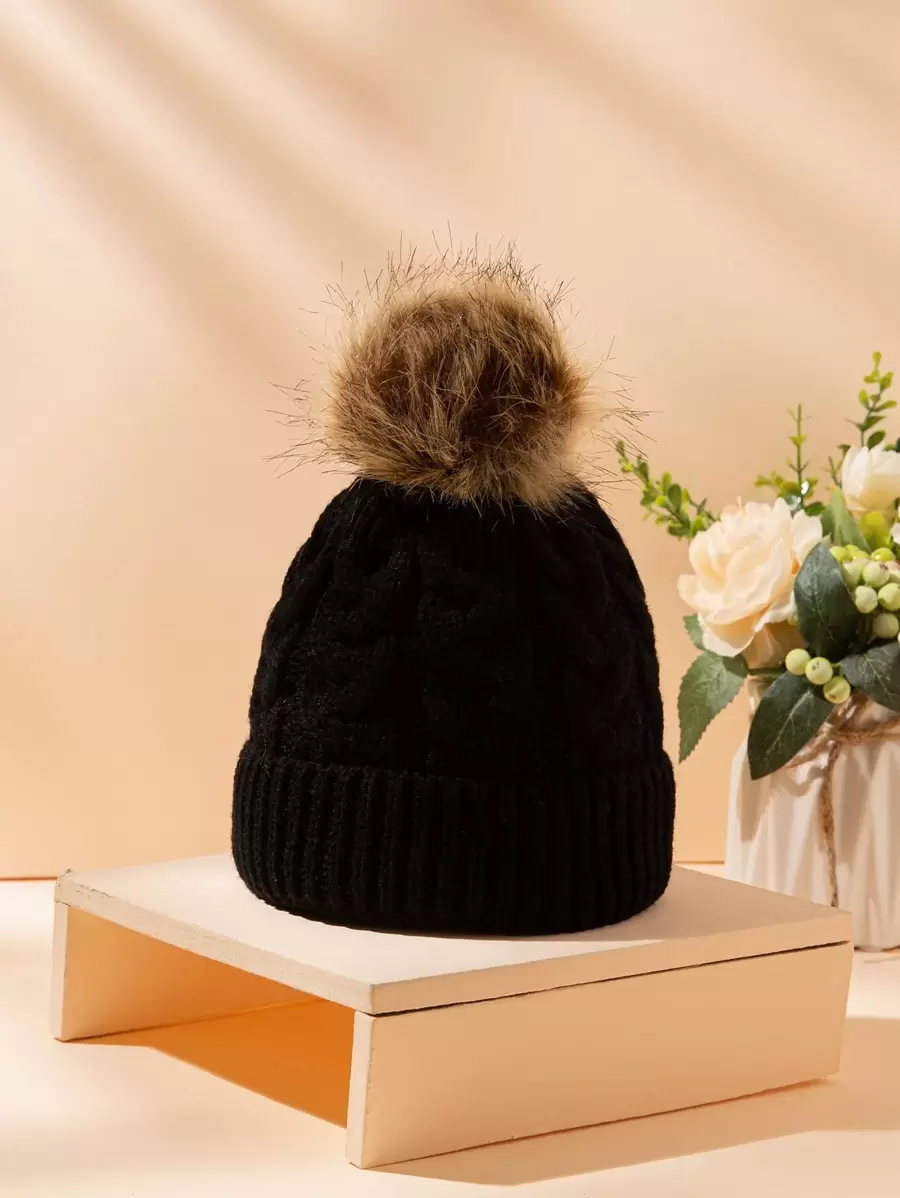 Baby Pom Pom Decor Beanie - Black - View 1