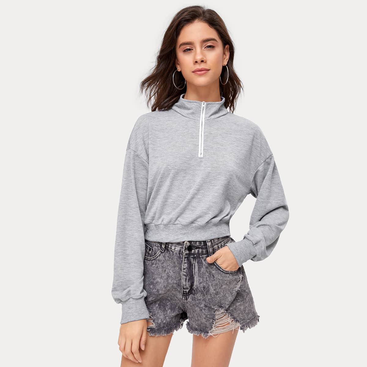 

Half Zip Crop Sweatshirt, Light grey