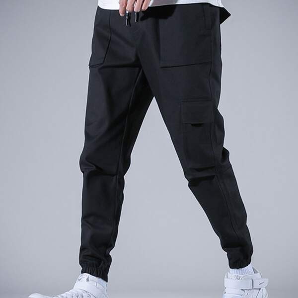 

Men Drawstring Waist Flap Pocket Pants, Black