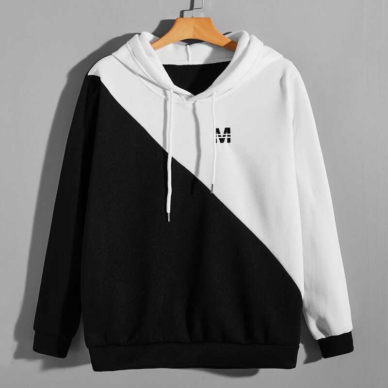

Guys Two Tone Letter Graphic Drawstring Hoodie, Black and white