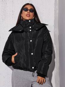 SHEIN Abrigo acolchado con botonadura sencilla y dobladillo con cordón - Negro - Ver 3