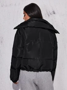 SHEIN Abrigo acolchado con botonadura sencilla y dobladillo con cordón - Negro - Ver 2