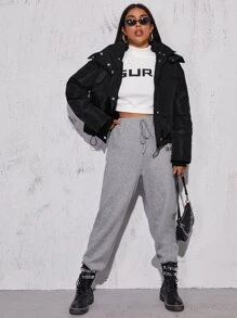 SHEIN Abrigo acolchado con botonadura sencilla y dobladillo con cordón - Negro - Ver 5