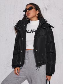 SHEIN Abrigo acolchado con botonadura sencilla y dobladillo con cordón - Negro - Ver 1