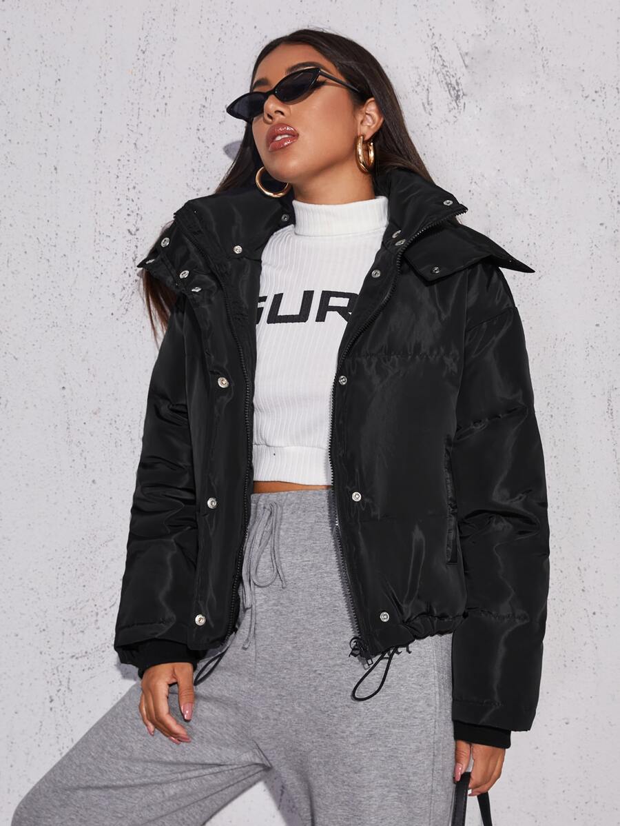 SHEIN Abrigo acolchado con botonadura sencilla y dobladillo con cordón - Negro - Ver 1