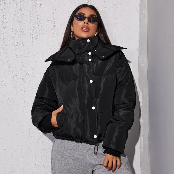 

Drawstring Hem Single Breasted Placket Puffer Jacket, Black