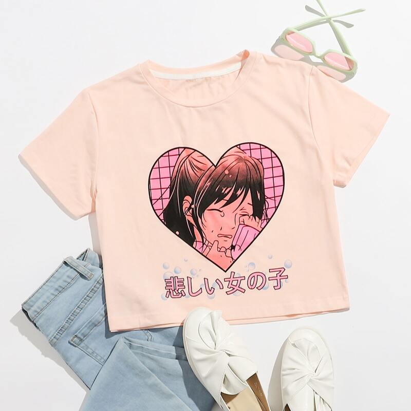

Japanese Figure Graphic Crop Tee, Baby pink