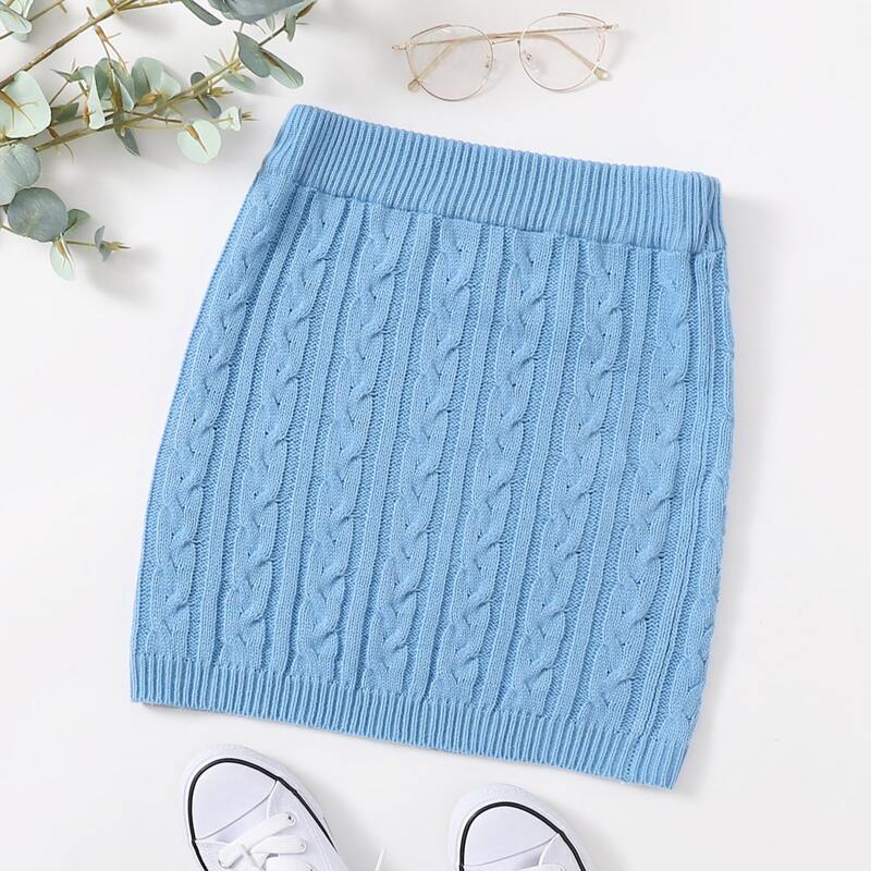 

Solid Bodycon Cable Knit Skirt, Baby blue