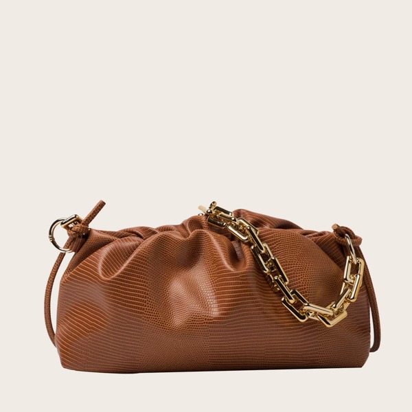 

Lizard Embossed Ruched Bag, Brown