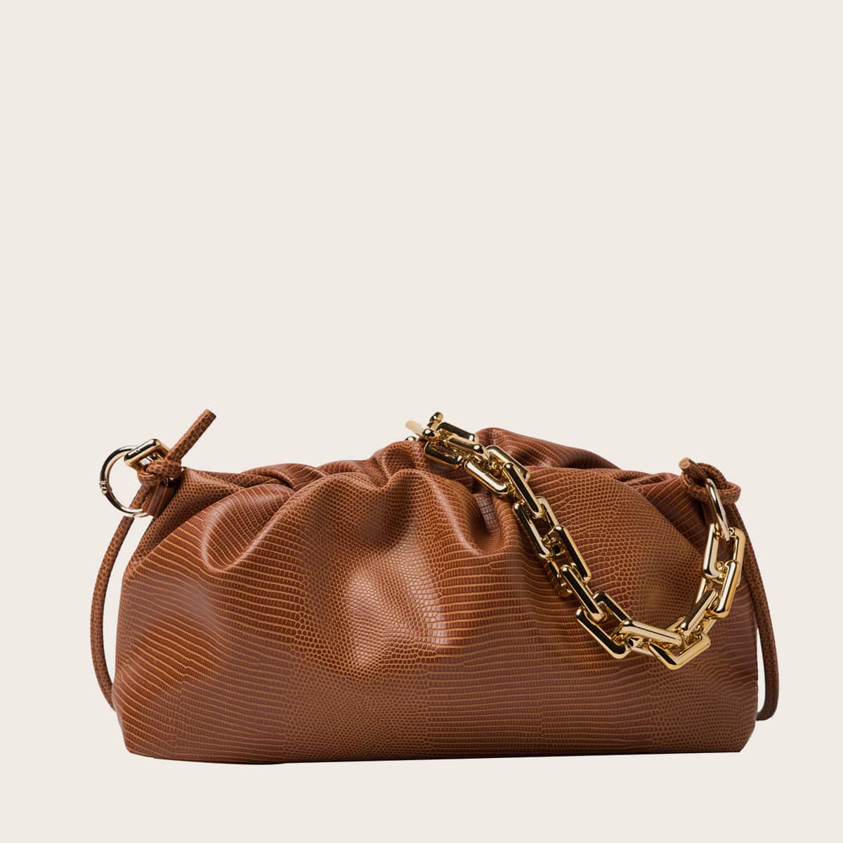 

Lizard Embossed Ruched Bag, Brown