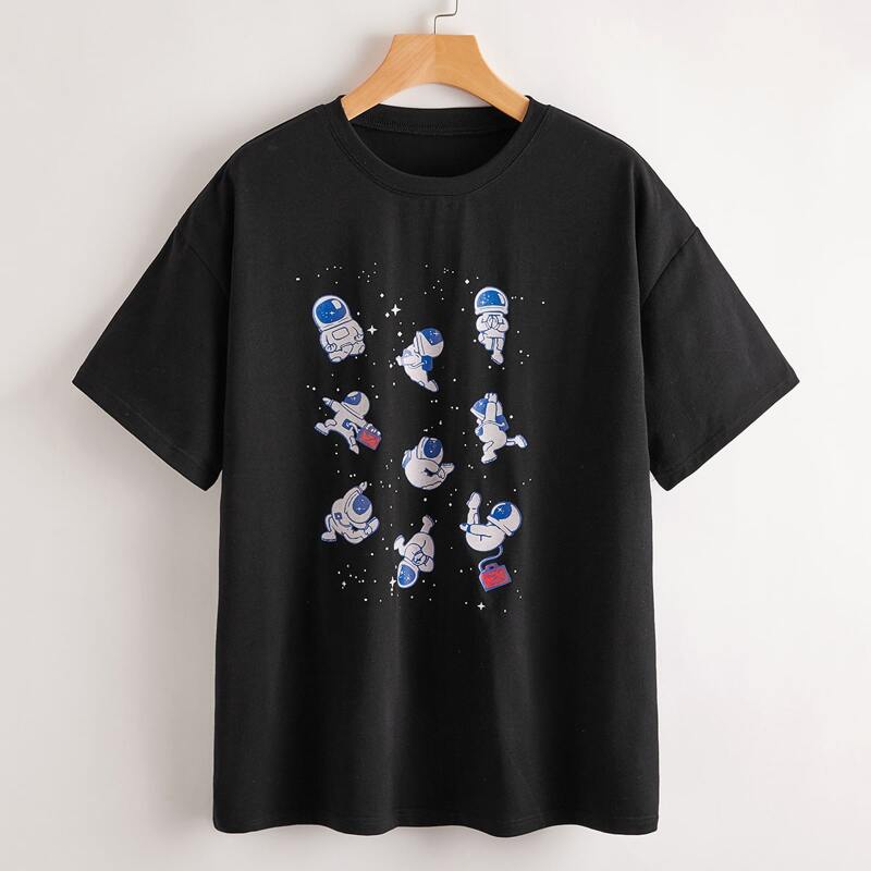 

Cartoon Astronaut Print Oversized Tee, Black