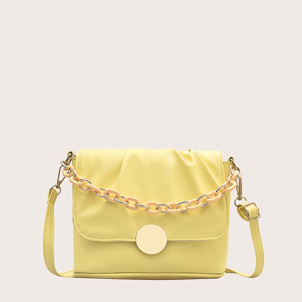 

Round Buckle Flap Chain Crossbody Bag, Yellow