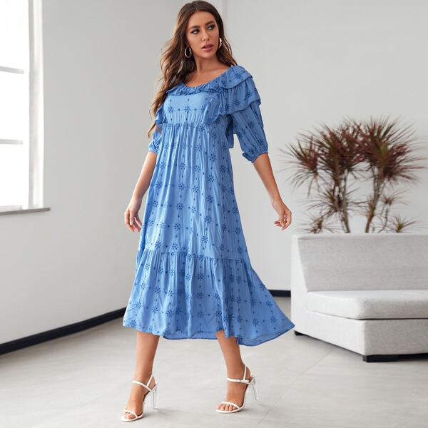 

Eyelet Embroidery Ruffle Trim Smock Dress, Blue