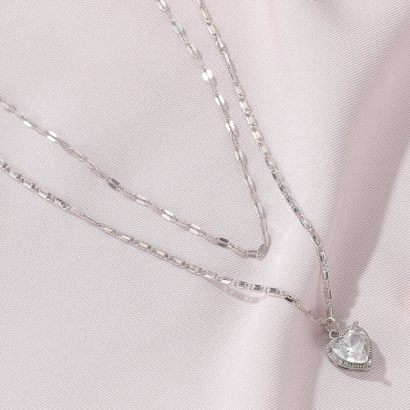 

Rhinestone Heart Layered Necklace, Silver