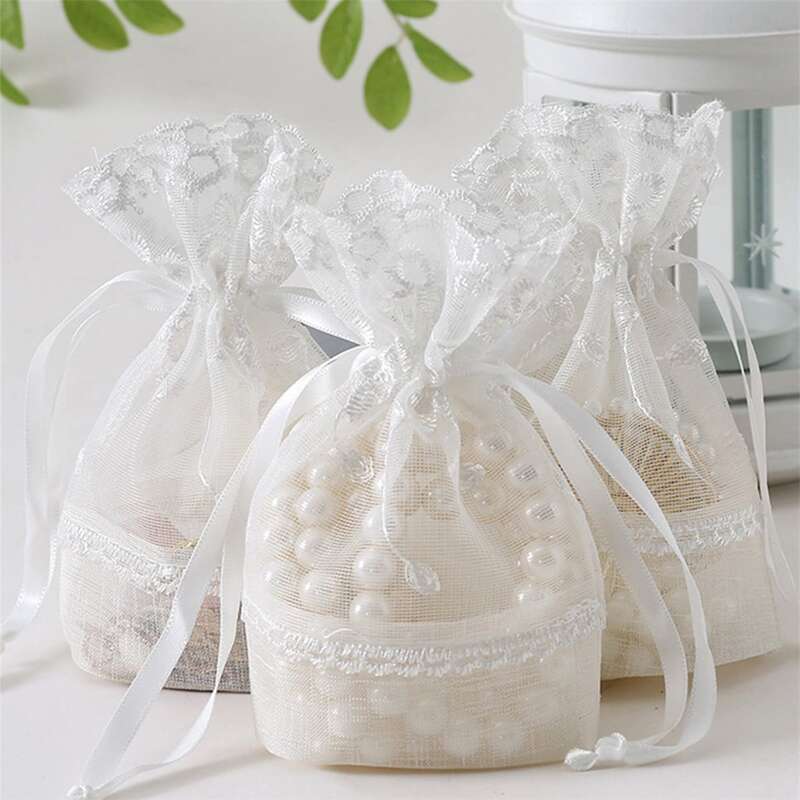 

3pcs Lace Drawstring Storage Bag, White