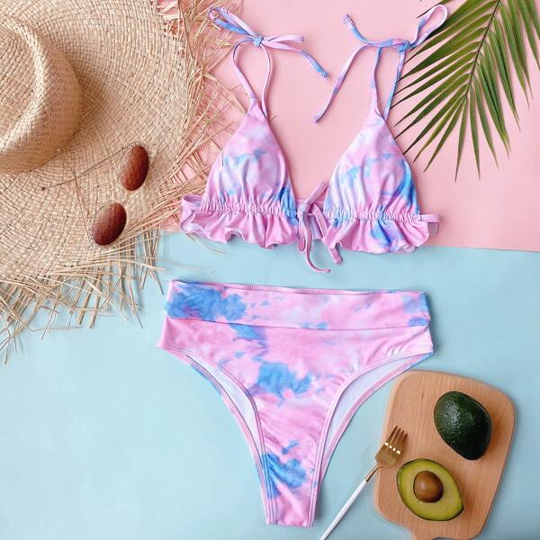 

Tie Dye Ruffle Triangle High Waisted Bikini Swimsuit, Pink