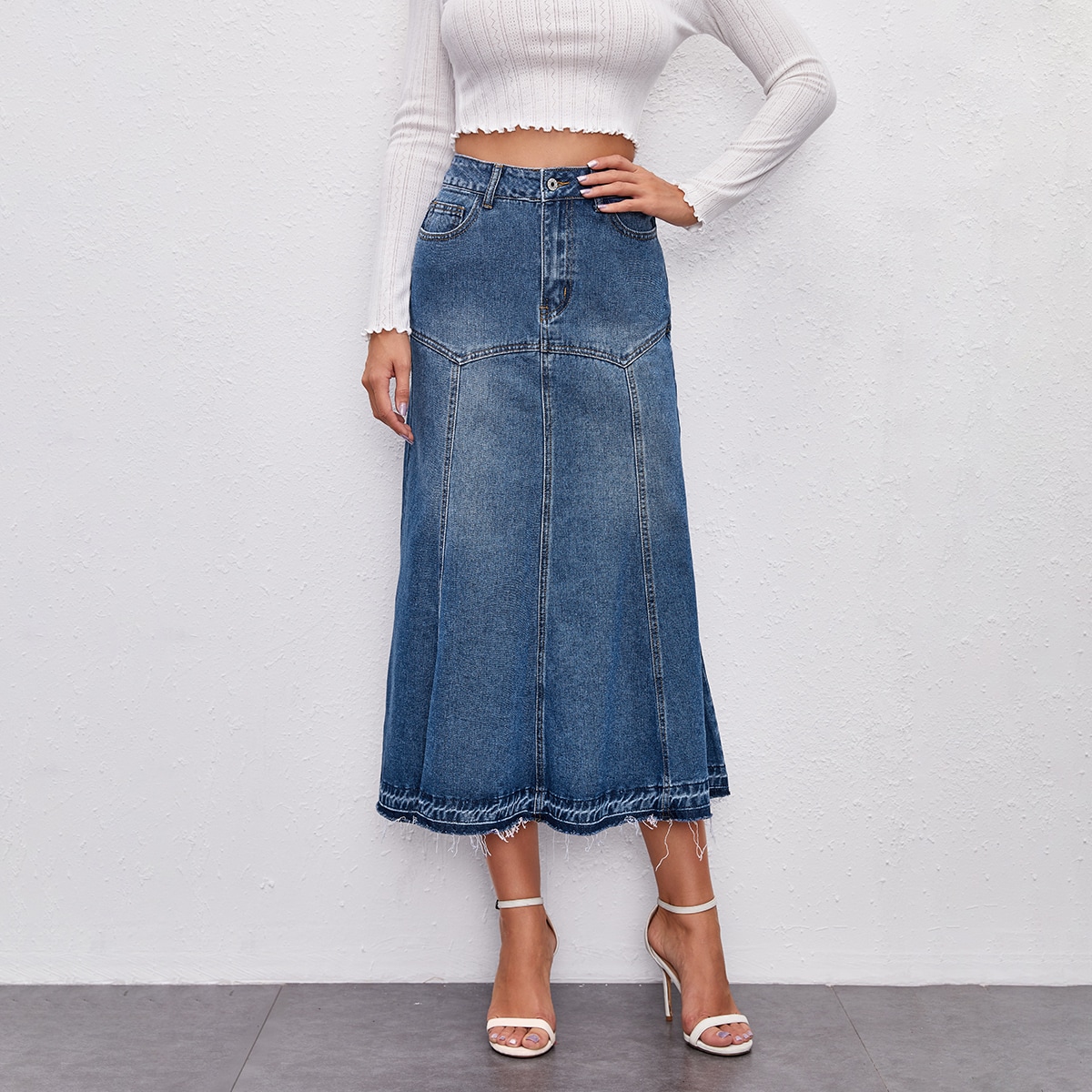 Image of Button Waist Raw Hem Denim Skirt