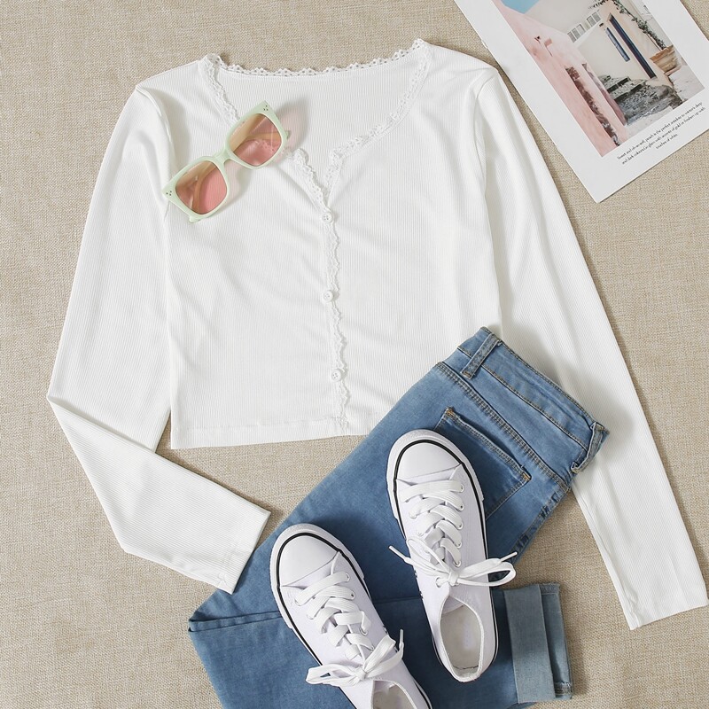 

Solid Lace Trim Button Front Tee, White