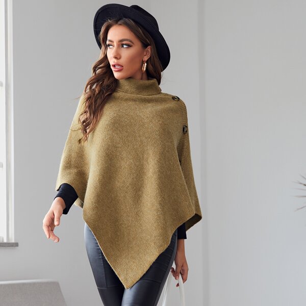 

Turtleneck Button Detail Poncho Sweater, Khaki