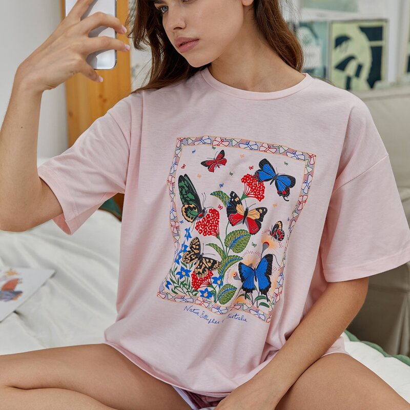

Butterfly Print Oversized Tee, Baby pink