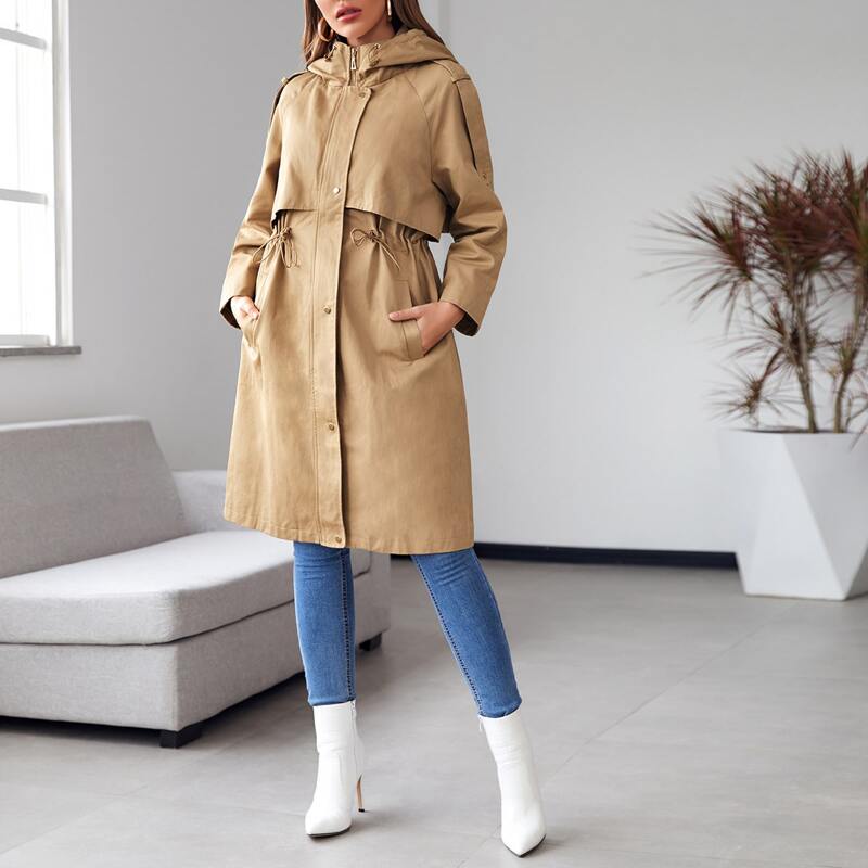 

Drawstring Waist Slant Pocket Hooded Trench Coat, Khaki