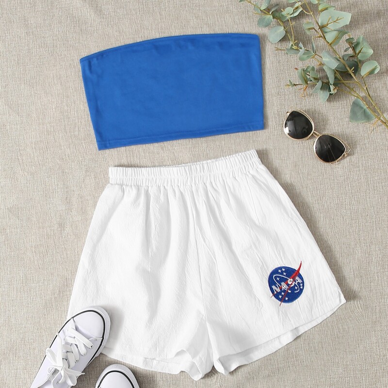 

Solid Tube Top & Graphic Embroidery Shorts, Blue and white