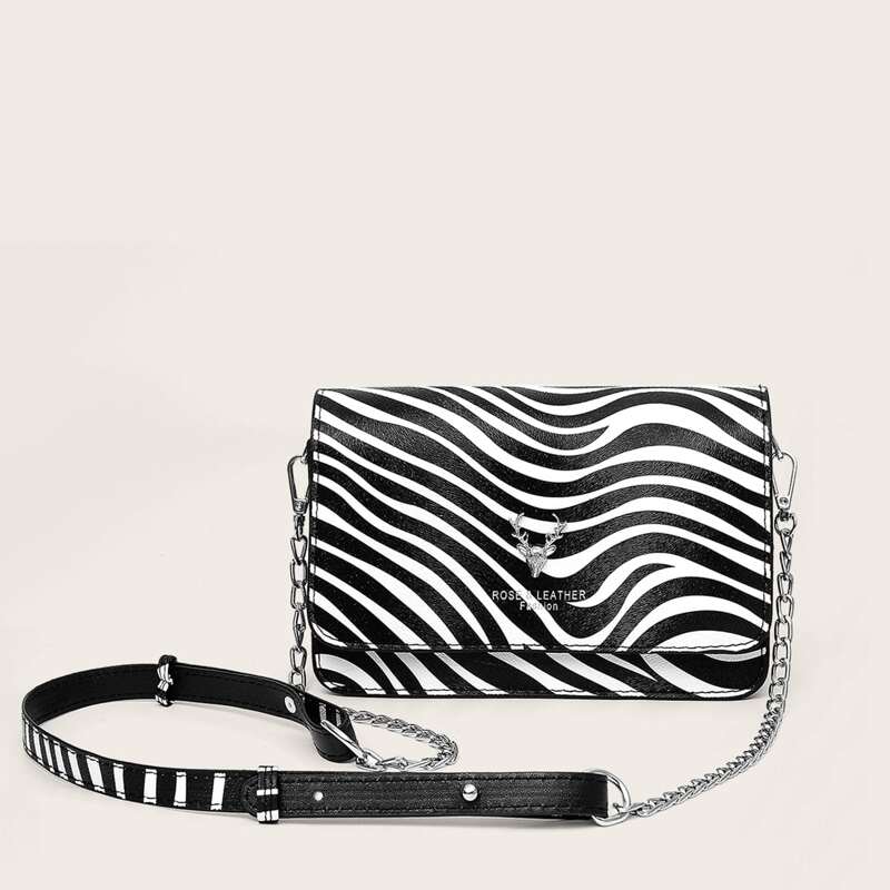 

Zebra Graphic Flap Crossbody Bag, Black and white