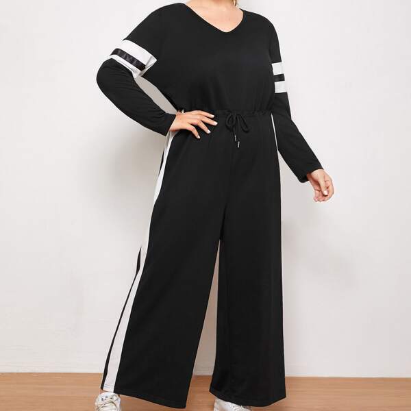 

Plus Striped Drawstring Waist Jumpsuit, Black