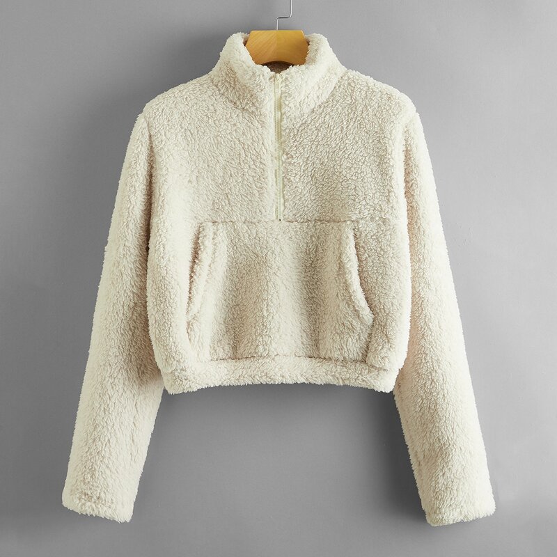 

Solid Half Zip Crop Teddy Sweatshirt, Beige