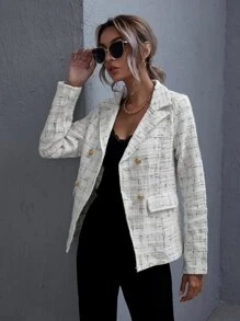 Notch Collar Tweed Blazer - White - View 4