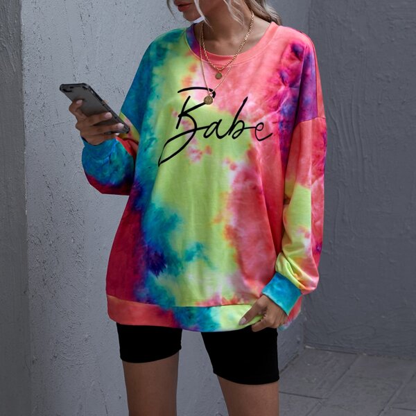 

Drop Shoulder Tie Dye Letter Graphic Pullover, Multicolor