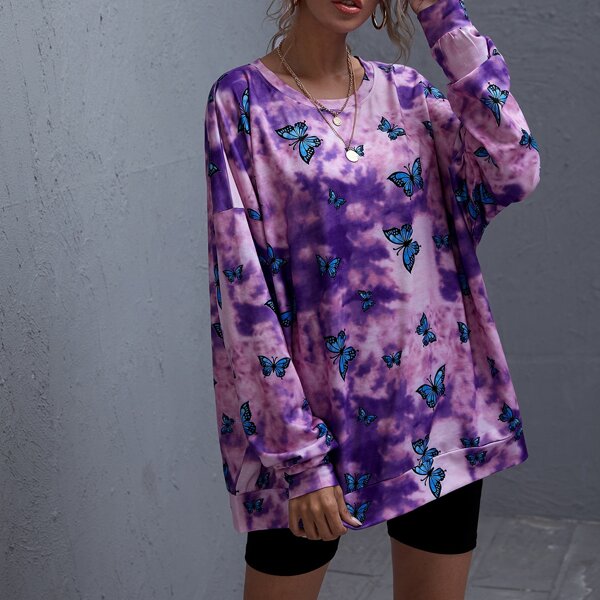 

Tie Dye and Butterfly Drop Shoulder Longline Pullover, Multicolor