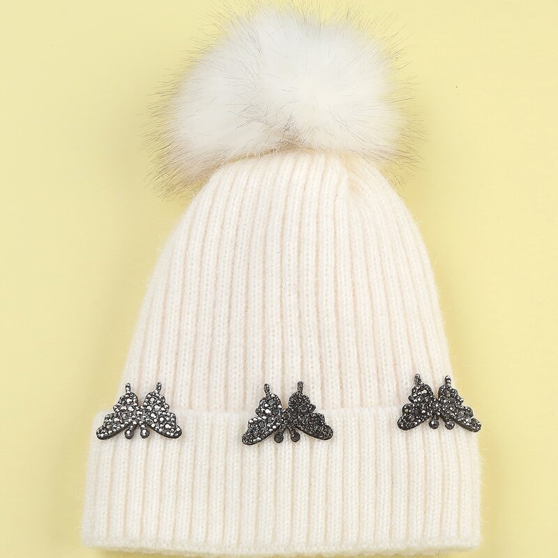 

Butterfly & Pom Pom Decor Knit Beanie, White