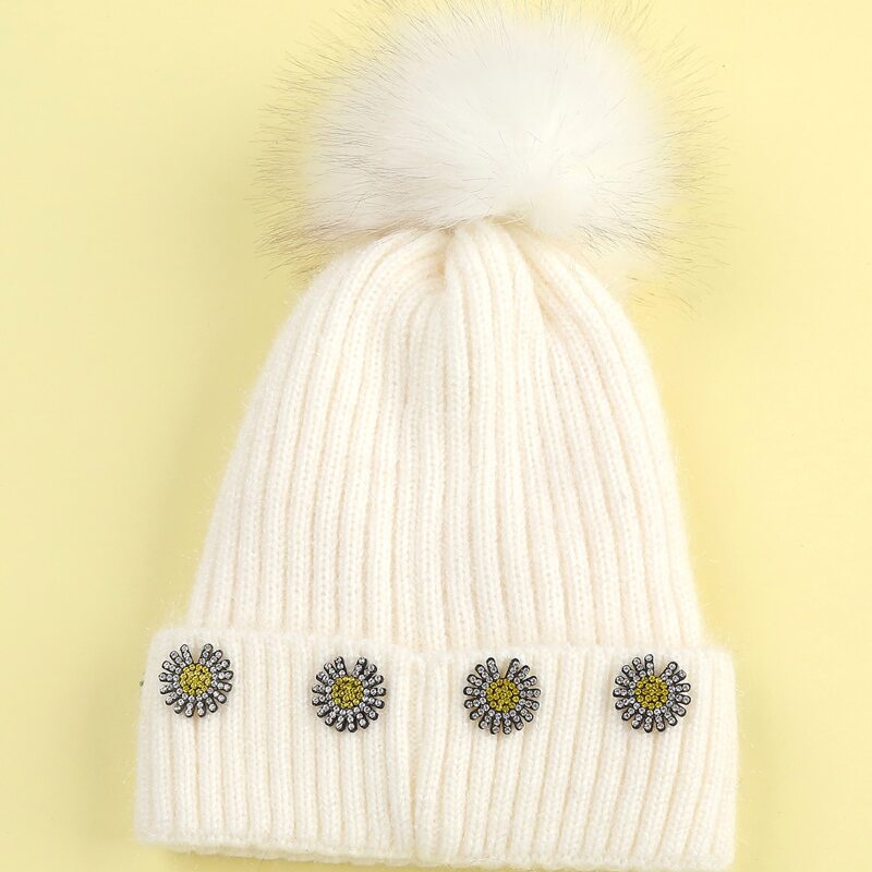 

Daisy & Pom Pom Decor Knit Beanie, White