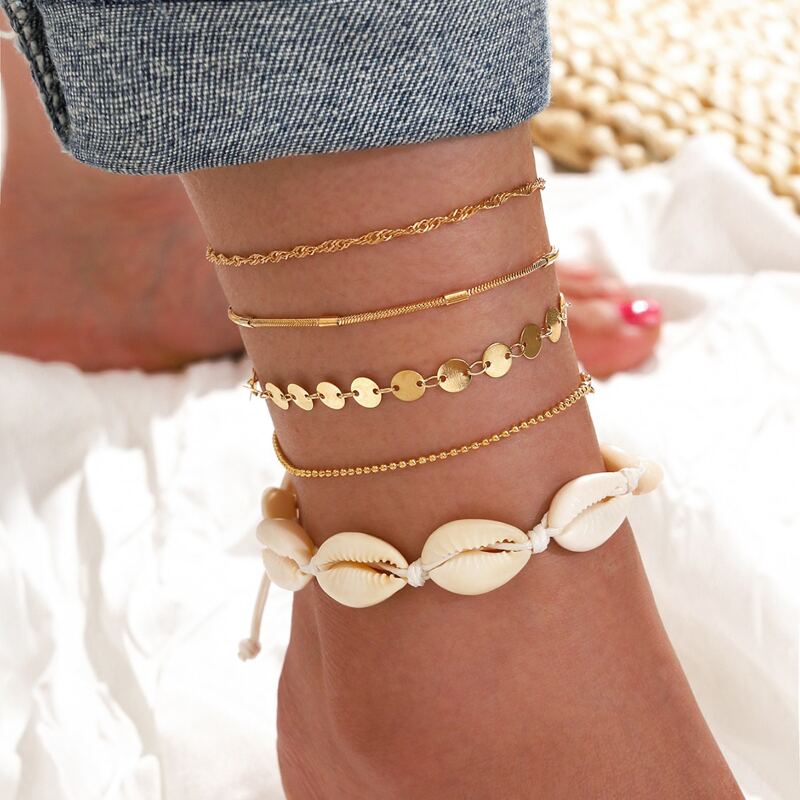 

5pcs Disc & Shell Decor Chain Anklet, Gold