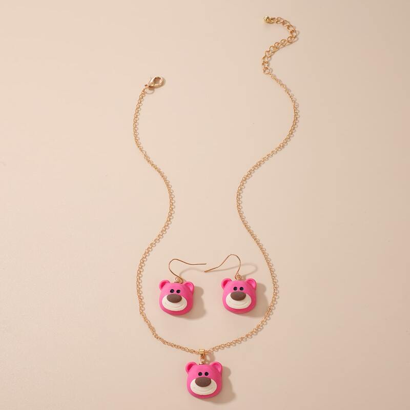 

1pair Cartoon Bear Drop Earrings & 1pc Necklace, Pink