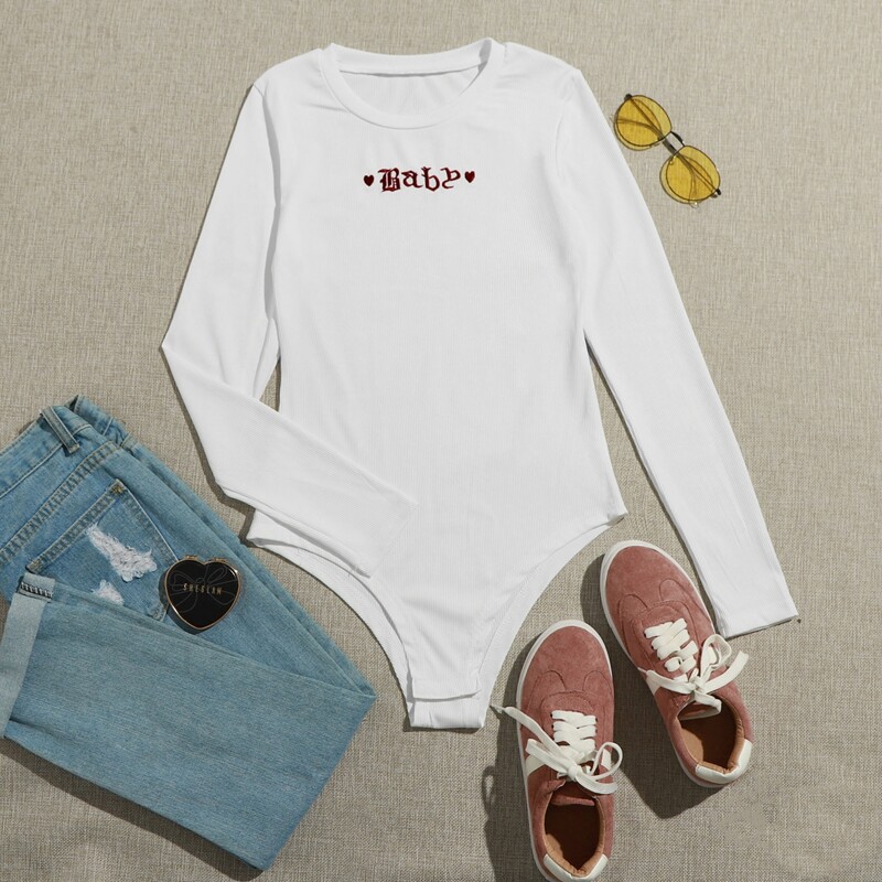 

Letter Embroidery Tee Bodysuit, White