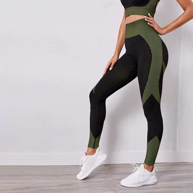 

Striped Colorblock Textured Sports Leggings, Dark green