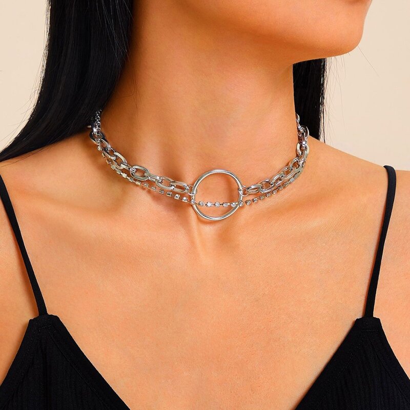 

Rhinestone & Ring Decor Layered Choker, Silver