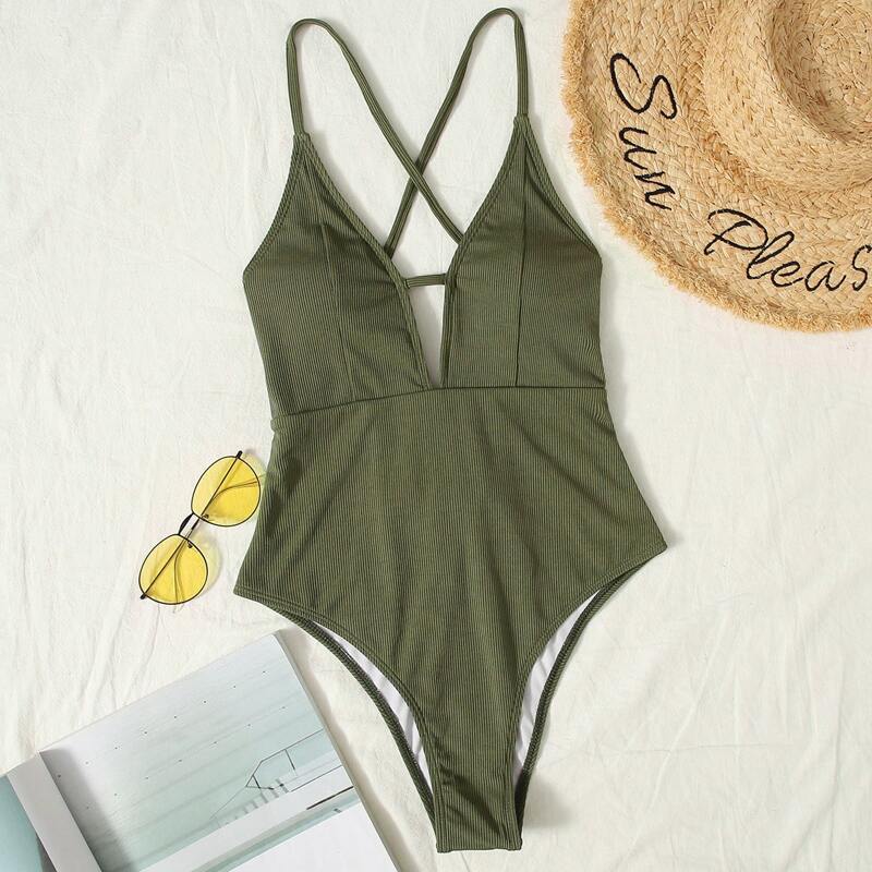 

Ribbed Plunging One Piece Swimsuit, Army green