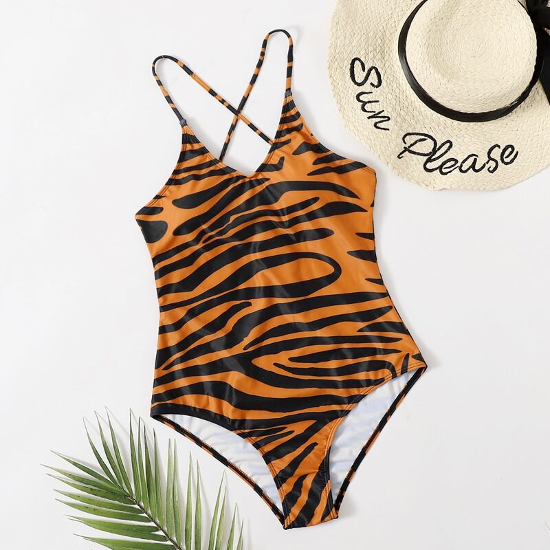 

Zebra Stripe Crisscross One Piece Swimsuit, Multicolor