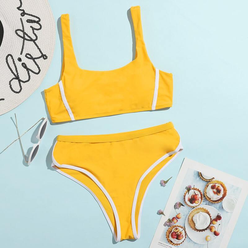 

Contrast Binding Scoop Neck Bikini Swimsuit, Yellow