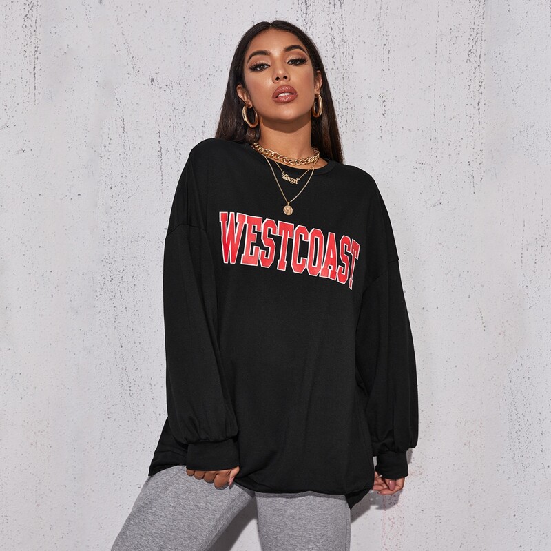 

Letter Graphic Drop Shoulder Oversized Longline Pullover, Black